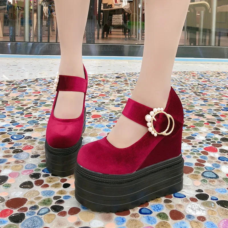 Туфли лодочки женские на танкетке из флока с красным бантом|Женские туфли| |