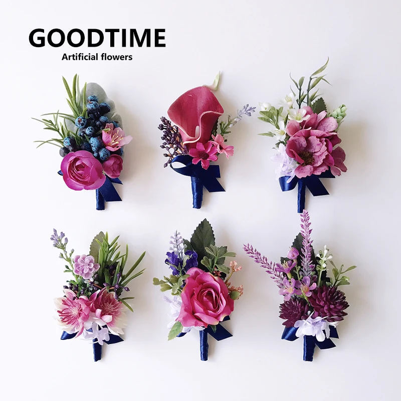 

GT Silk Corsages Boutonnieres Wedding Decoration Marriage Rose Wrist Corsage Pin Boutonniere Flowers for Guests Purple-re