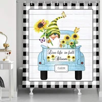 vintage farm truck sunflowers shower curtaincute gnome with bloom sunflowers in blue truck on blackwhite plaid bathroom decor