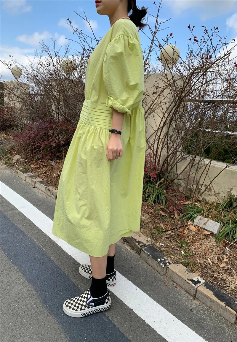 

oversize dress casual summer candy color midi dress vestidos 2020 New summer loose dress women elegant O-neck puff sleeve