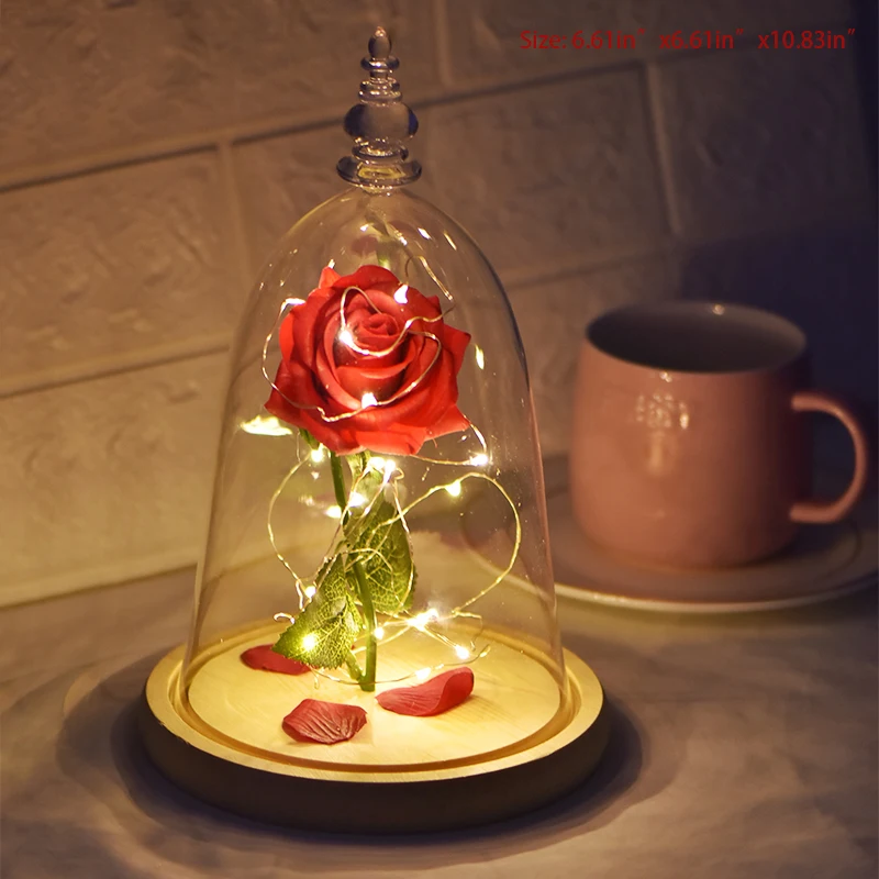 Artificial Rose Ligh Красота и чудовище, искусственные цветы, вечная Золотая фольга, роза, светодиодный светильник, стеклянный купол, ночник, подарок на день рождения для девочек - Цвет: Artificial Rose Ligh