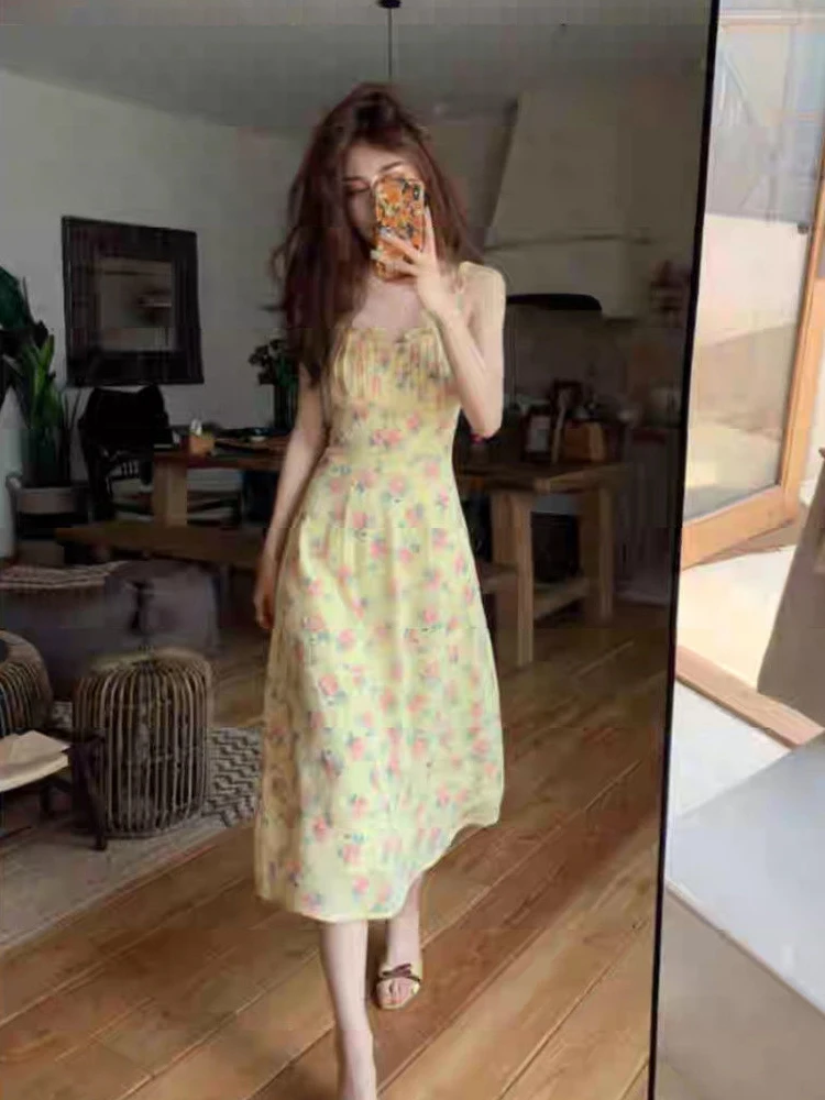 

Sleeveless Elegant Strap Dress Women Square Collar Vingate Floral Midi Dress Korea Office Lady 2021 Summer Beach One Piece Dress