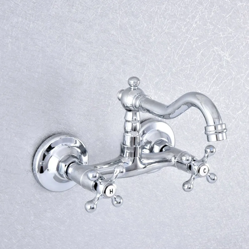 

Серебристый полированный хромированный смеситель с двумя перекрестными ручками, кухонный смеситель для раковины в ванную комнату, смесите...