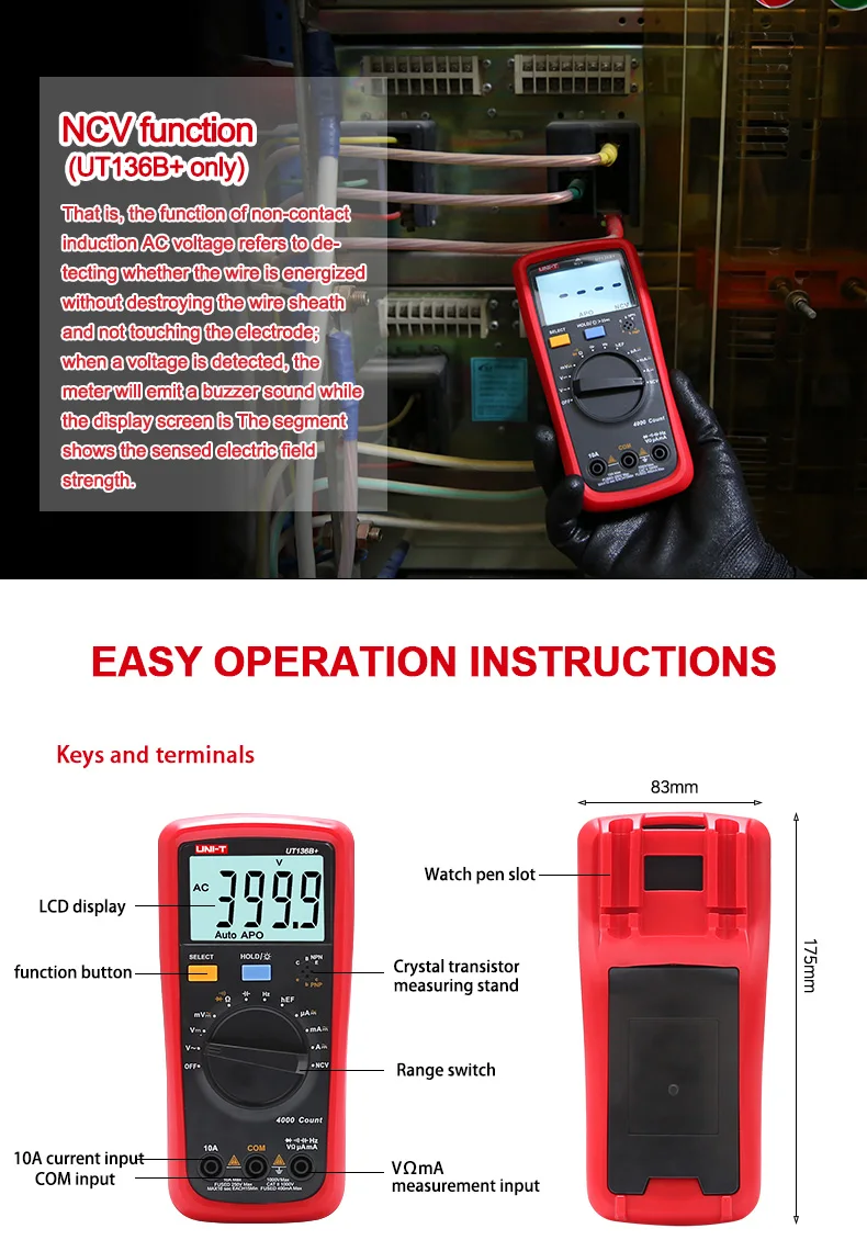 UNI-T UT136B+ цифровой мультиметр с автоматическим диапазоном AC/DC 1000 В/10A DMM Ом Сопротивление емкости Частота Диод тестер