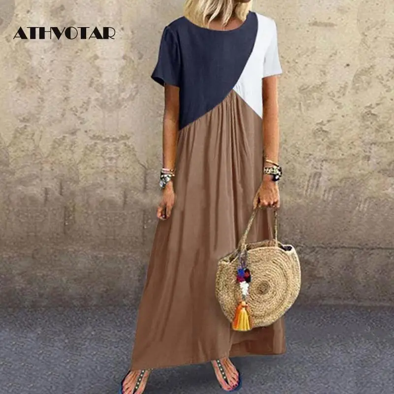 Женское винтажное платье с коротким рукавом ATHVOTAR повседневное свободное Макси в