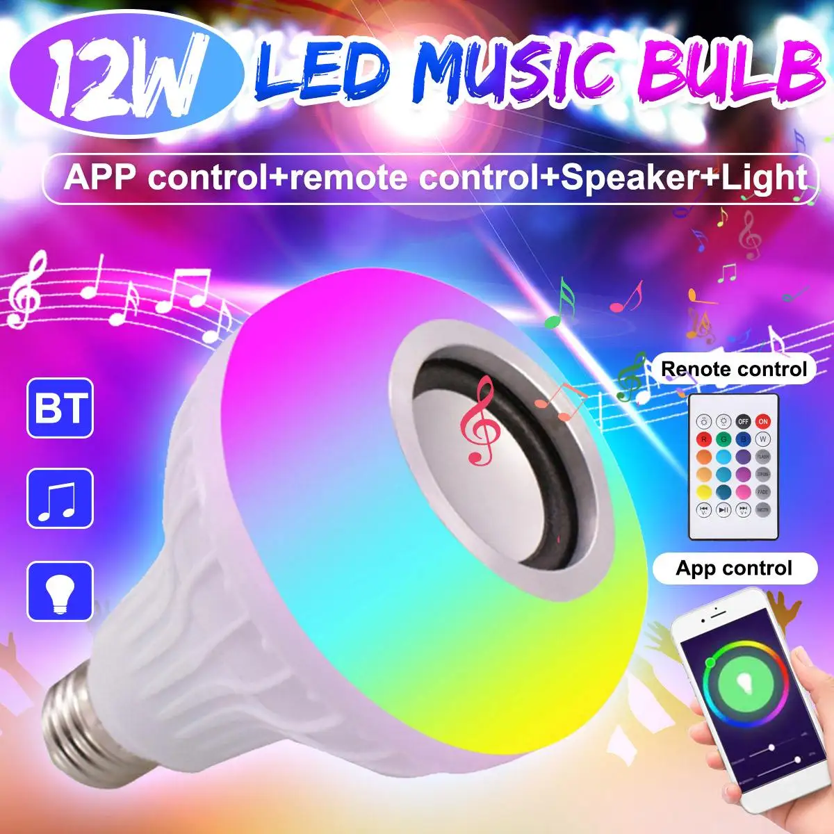 

Smuxi Bluetooth Динамик умный светодиодный лампы E27 RGB светильник 12 Вт работы в режиме воспроизведения музыки с регулируемой яркостью Беспроводной...
