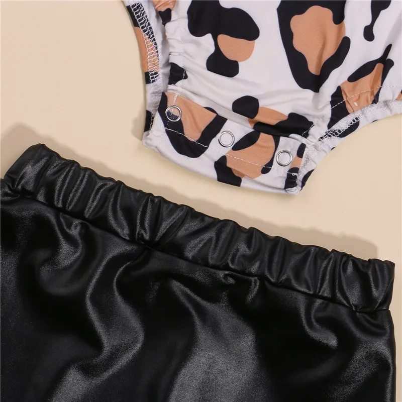 

1-3Y Fashion Toddler Kids Girls Clothes Sets Spring Autumn Children Girls Leopard Print Tassel Rompers+PU Leather Mini Skirts