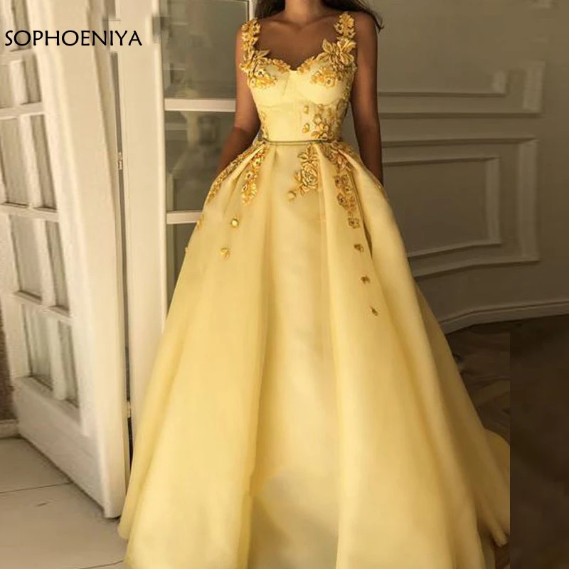 Новое поступление желтое мусульманское вечернее платье кружевное бальное с