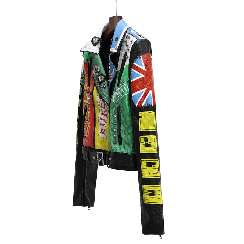 Куртка женская демисезонная из искусственной кожи Укороченное пальто с принтом