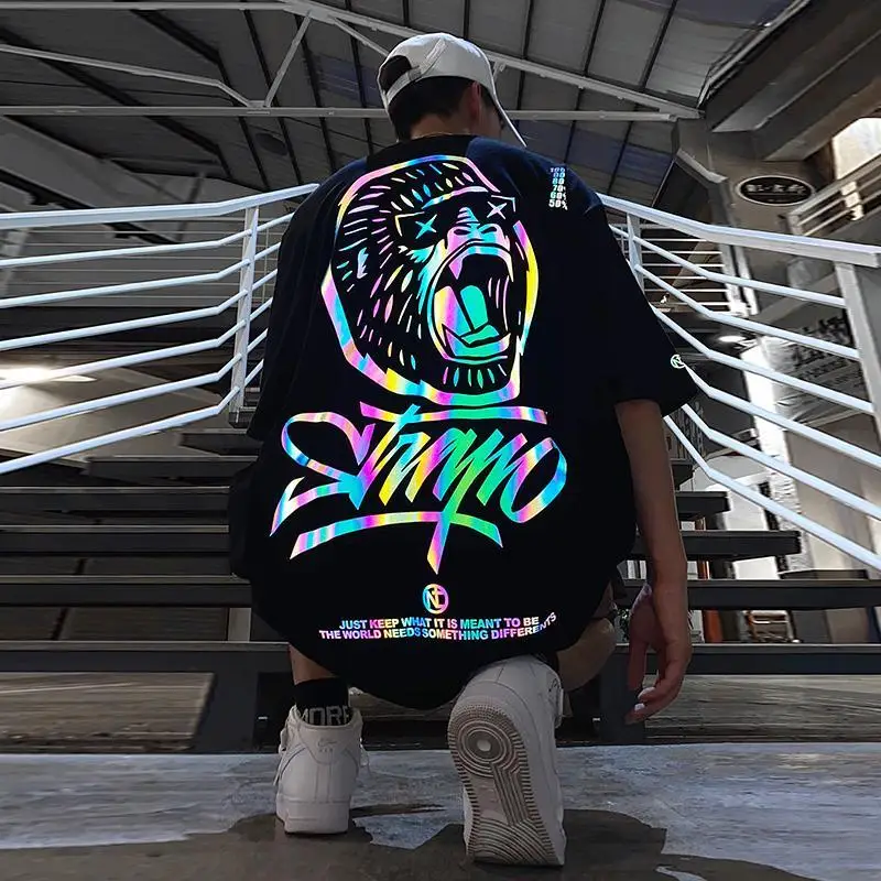 Крутая Светоотражающая футболка уличная одежда мужская летняя хлопковая