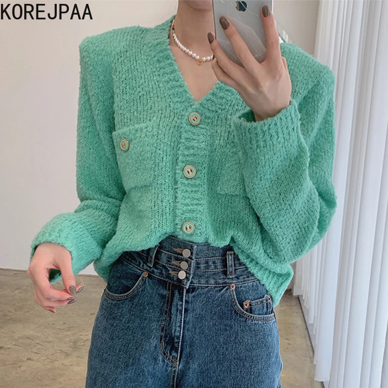 

Korejpaa Elegant Double Pocket Cardigans Women Korean Casual Fashion Long Sleeve V-neck Sweater Single Breasted Femme 2021 New