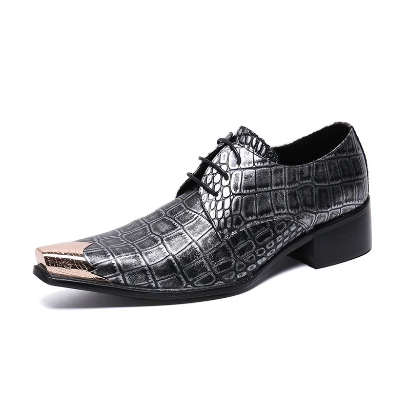 

New Fashion Serpentine Genuine Leather Office Men Business Dress Shoes Elegant Man Lace-up Wedding Party Metal Toe Heels New