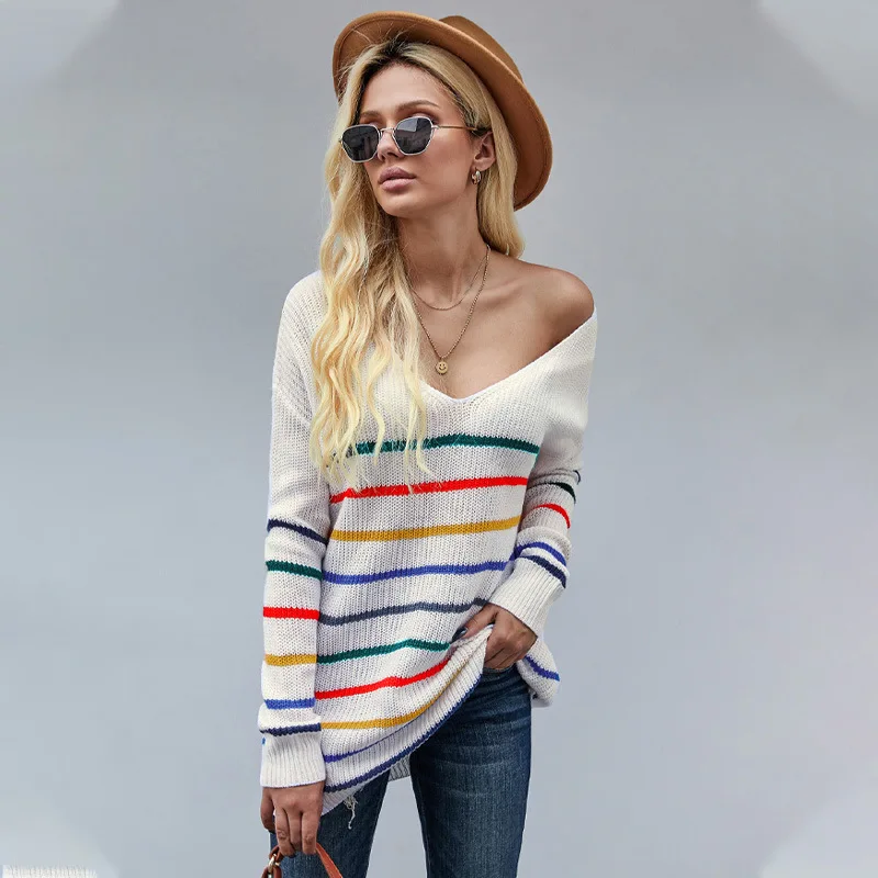 

Autumn and Winter Striped Sweater Women's Fashion Loose V-neck Pullover Long-sleeved Top