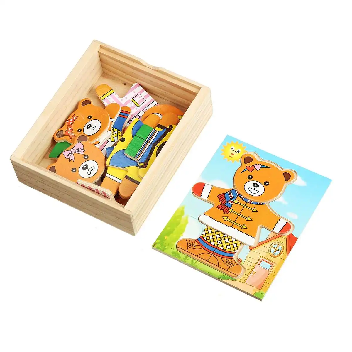 

Cartoon 4 Bear Dress Changing Jigsaw Puzzle Wooden Toy Montessori Educational Change 6 Sets Clothes Toys For Children