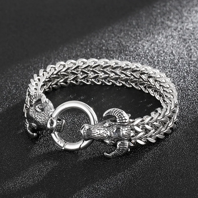 

Vintage Viking Domineering Bull Head Ring Buckle Personality Men's Bracelet Titanium Steel Braided Chain Jewelry Gift