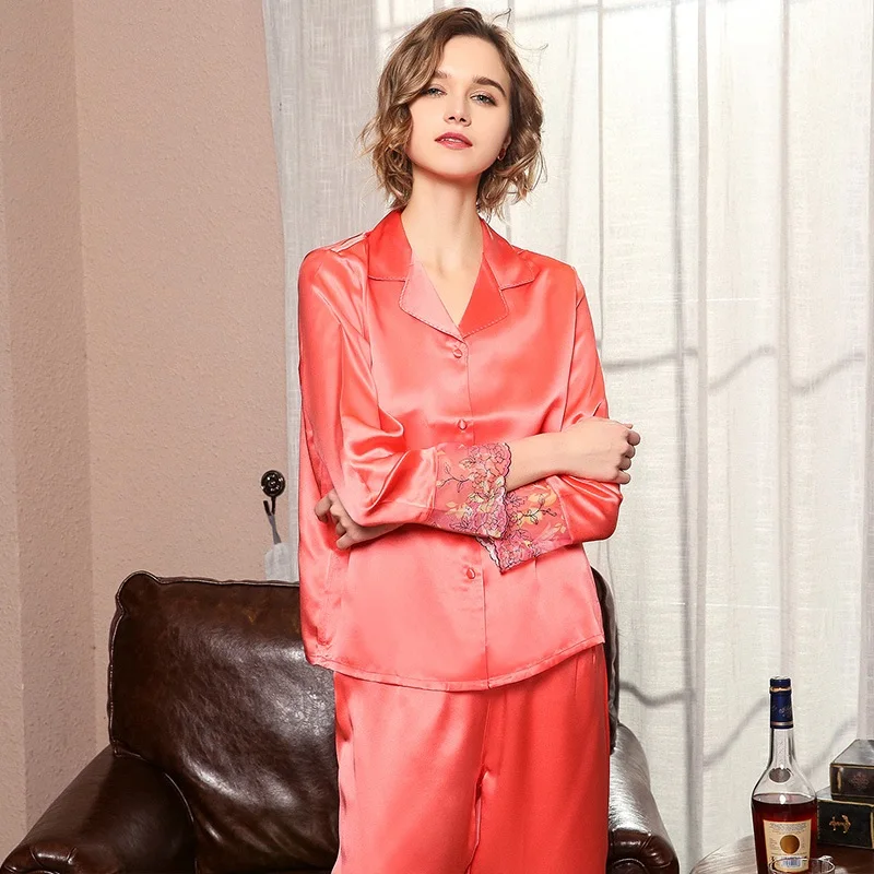 Sexy Silk Stain Pajamas 2020 Lace Print Full Sleeve Woman Spring Summer Marry Homewear 100% Silk  Sleepwear Sets  Home Wears XL