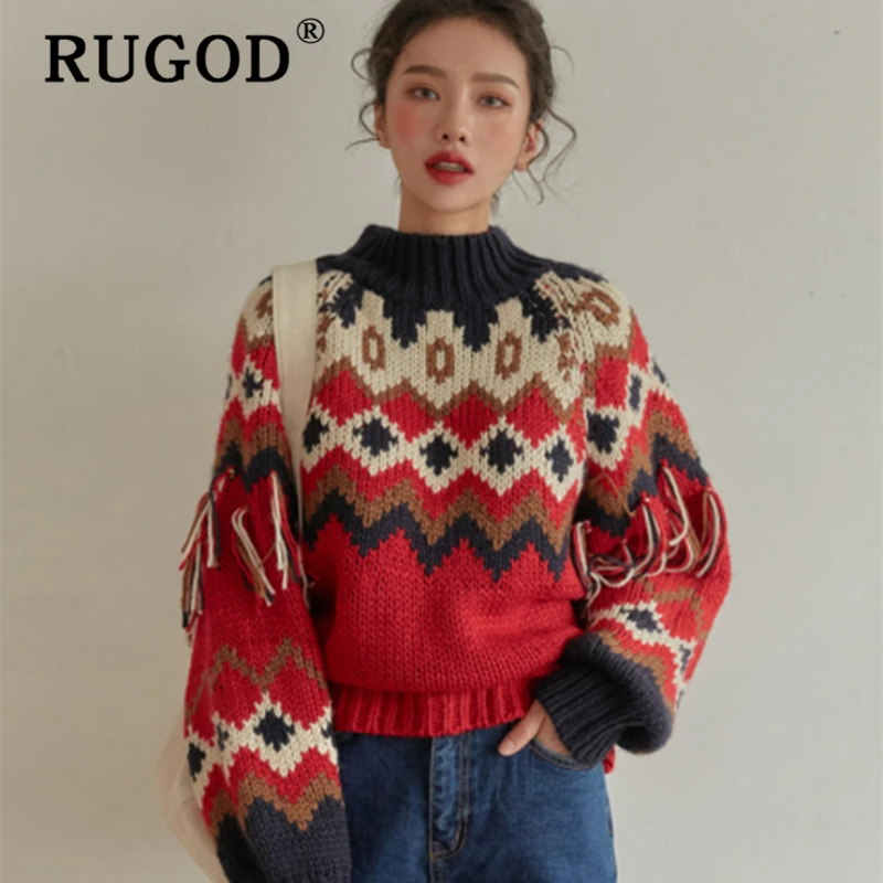 RUGOD шикарный вязаный лоскутный свитер женский корейский рукав-фонарик народные