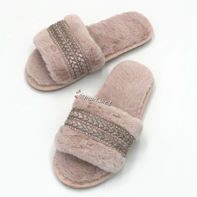 

Designer Girl Fashion Fur Slippers Wholesale Faux Fur Cross Indoor Floor Slides elegant women slippers