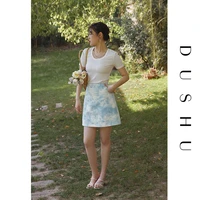 dushu office lady fresh watercolor tie dye skirt 2021 summer new high waist blue a line group skirt for women clothes