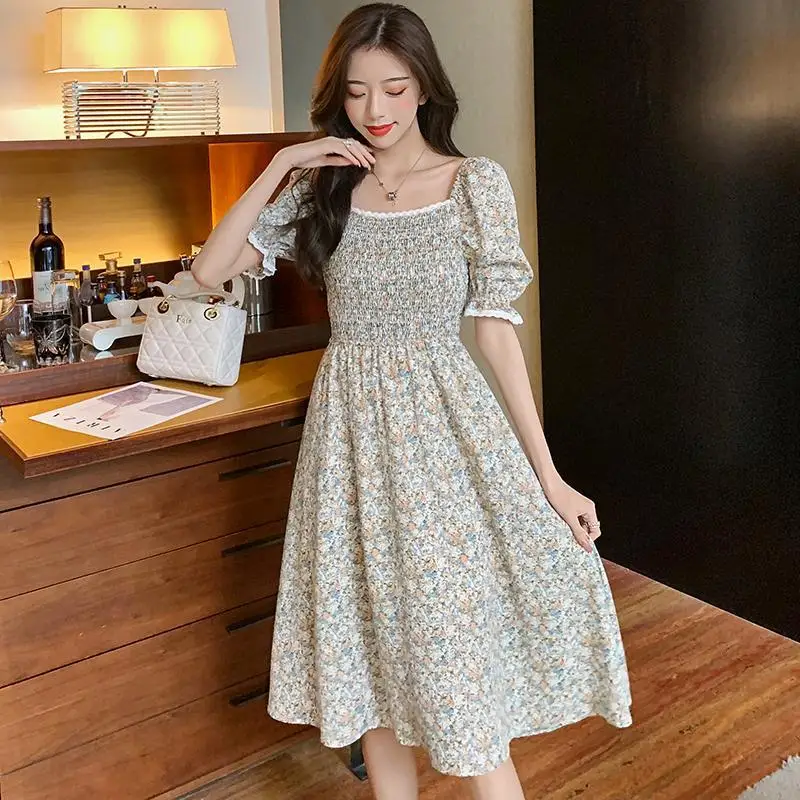 

2021 Women Spring Summer Vintage Pelated Vestidos Ladies Print Square Collar Short Sleeve Dresses Female Casual Sweet Dress K148