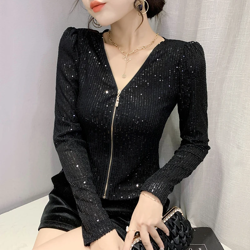 Женский кардиган на молнии с длинным рукавом Блестящим Бисером Осень-зима |