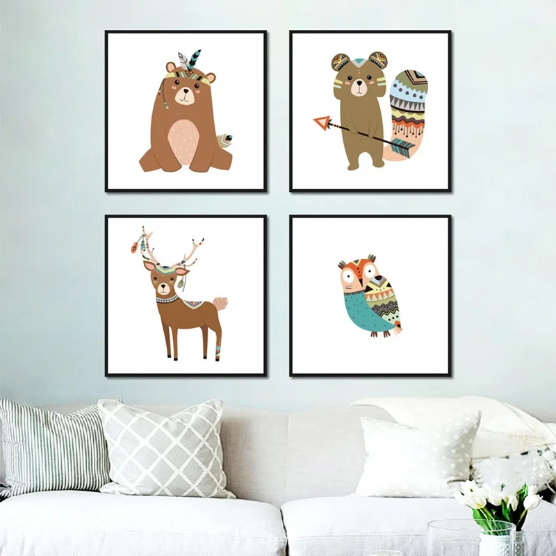 

Милые картины на холсте с мультяшными животными, белый фон, олень, медведь, Сова, подвесная Настенная картина для гостиной, детской комнаты