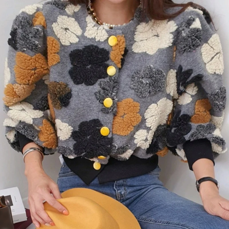 Korejpaa 3D Flocking Flowers Cardigans Women Autumn Retro Round Neck Single-breasted Puff Sleeve Short Coat Female Elegant New |