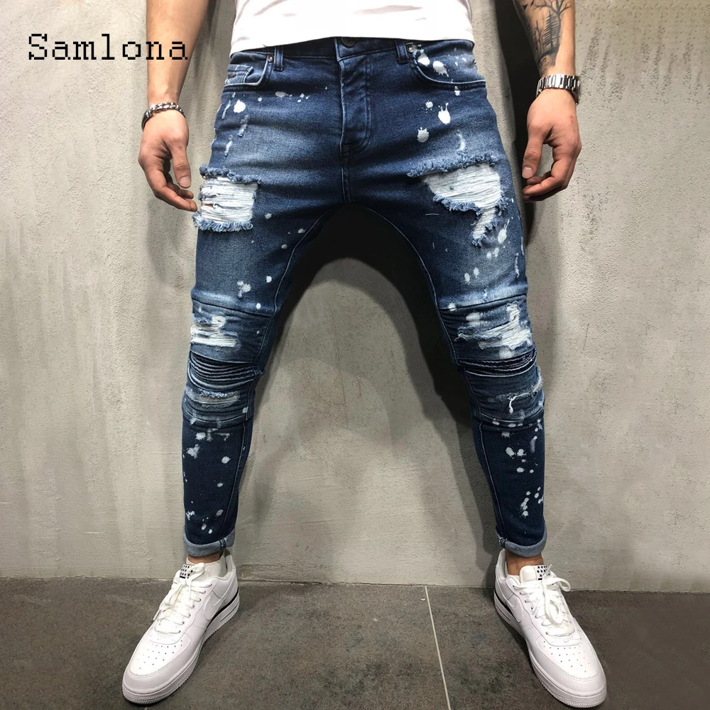 Мужские джинсы Samlona, джинсовые брюки в европейском стиле, модные рваные брюки с дырками, уличная одежда, мужские облегающие брюки-карандаш, ...