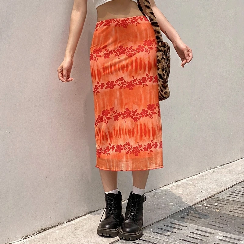 

Orange Floral Long Skirts y2k Summer Skirts Frill Sweet Cute Mid-Calf Skirts Women Beach Bohemian Kawaii Skirts Bottom 2021