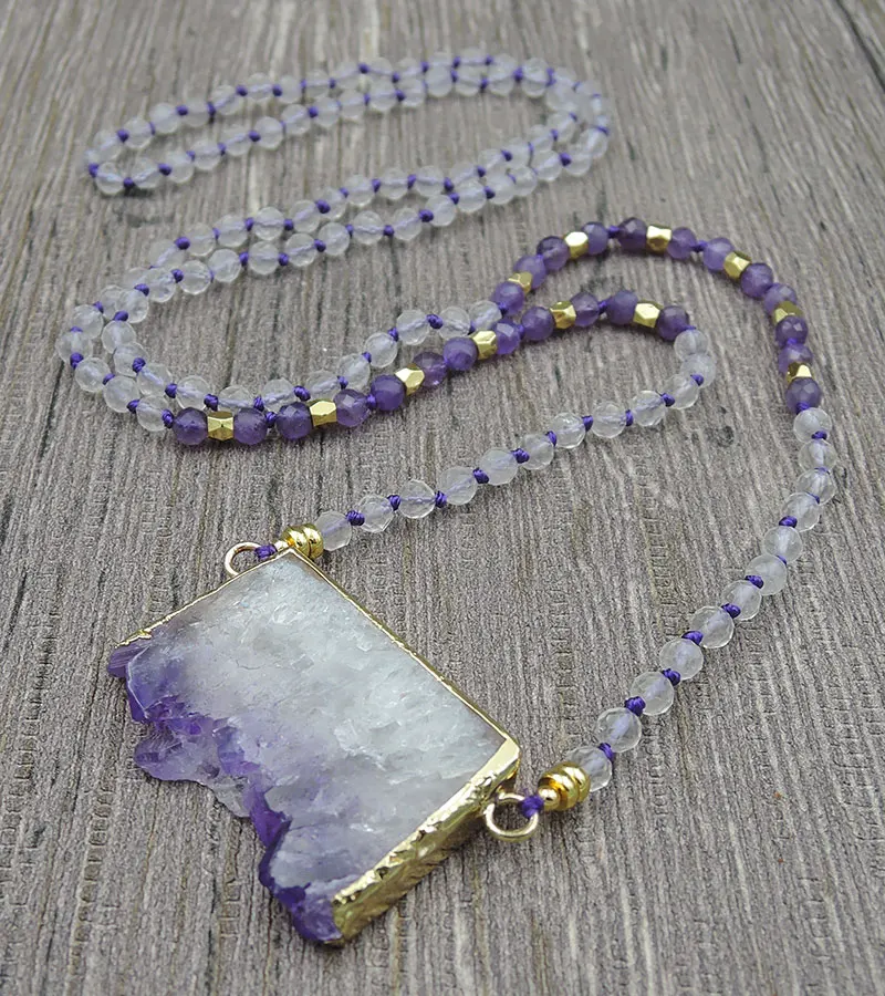 

Natural Amethys t Druzy Slice Pendants Necklaces 4mm Clear Quartz Crystal Faceted Round Beads Knot Handmade 30inch 40inch