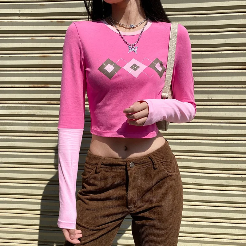 

Укороченный топ с ромбовидным узором Y2K, Женская Повседневная футболка с длинным рукавом, женская модная футболка в стиле пэчворк