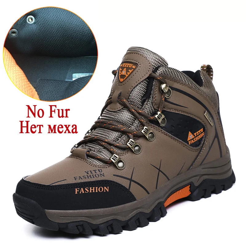 No Fur Khaki Брендовые мужские зимние ботинки; теплые супер мужские высококачественные Водонепроницаемые кожаные кроссовки; мужские походные ботинки; Рабочая обувь; размеры 39-47 - Цвет: No Fur Khaki