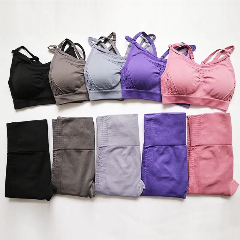 2PCS Yoga Set Women Back Cross Strappy Bra High Waisted Tummy Control Sport Leggings Gym Clothing Ombre Seamless Suit | Спорт и