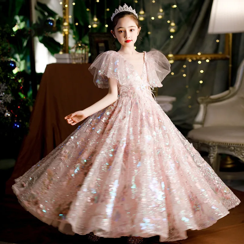 New Teenager's Luxury Party Dress Children Sequined Petal Sleeves Ball Gowns Infant Pageant Ceremony Formal Dresses Child Frocks enlarge
