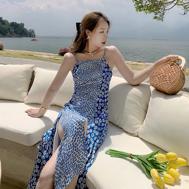 

Dress for Women Clothing Party Chiffon Sheath Spaghetti Strap Slash Neck Summer Sleeveless Print Empire Sexy Club High Street