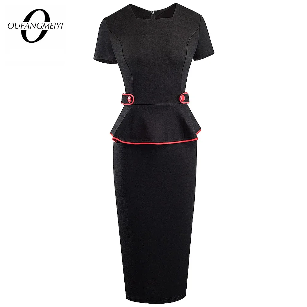 

Women Office Lady Elegant Square Collar Peplum Buttons One-Pieced Slim Pencil Dress 1EB512