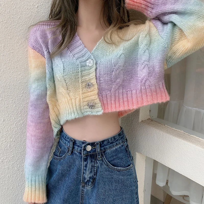 

Short Sweater Cardigan Autumn Winter Women V-neck Rainbow Cardigan Ladies Long-Sleeve Knitted Cardigans Rebeca Punto Mujer