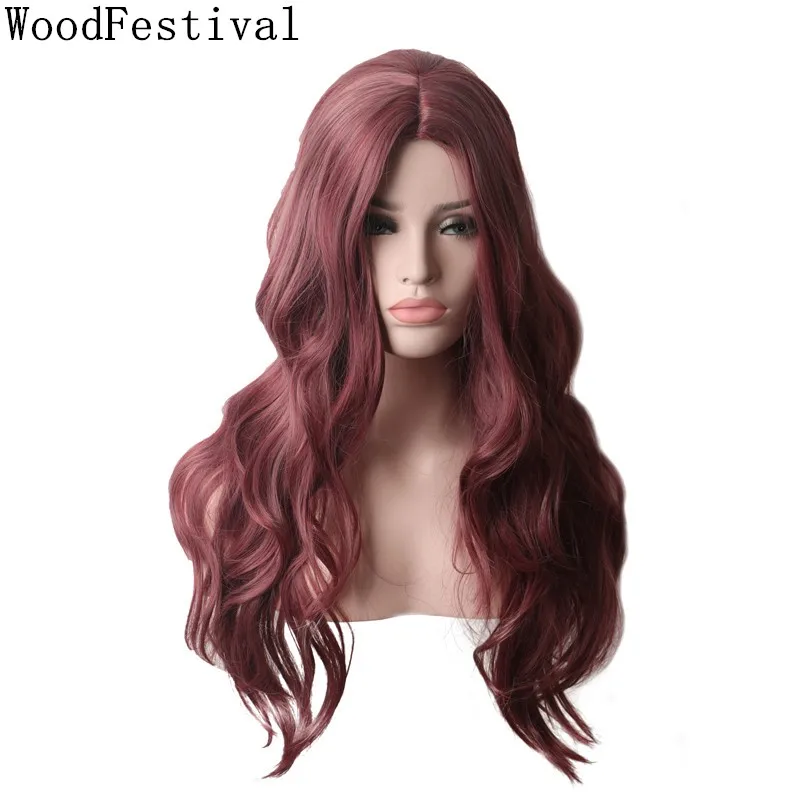 

WoodFestival Long Wavy Synthetic Wig Female Cosplay Hair Wigs For Women Pink Red Purple Green Brown Burgundy Blue Grey Black