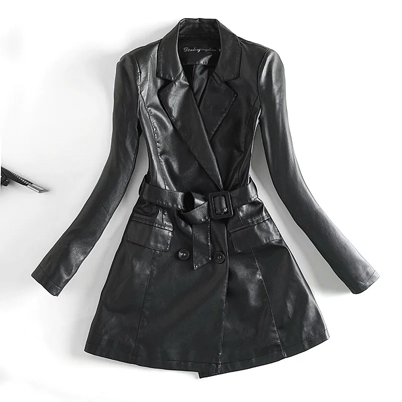 Women Leather Trench Coat Black PU Jacket Long Oversized Lapel Tops Long Sleeve Slim Clothing Streetwear Moto Jacket Women