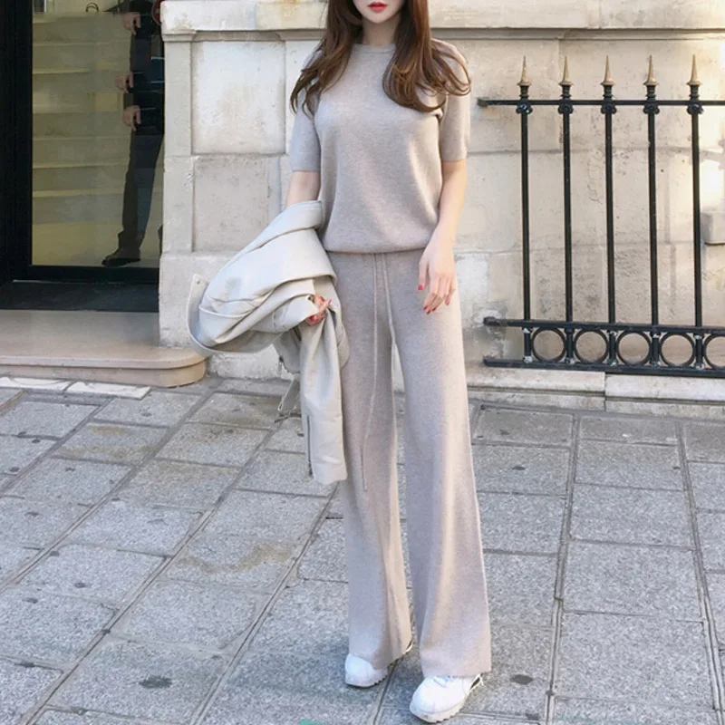 Grey Short Женский комплект из двух предметов, свитер, вязаный спортивный костюм, повседневный уличный пуловер, свитера, топы, широкие штаны, женская одежда - Цвет: Grey Short