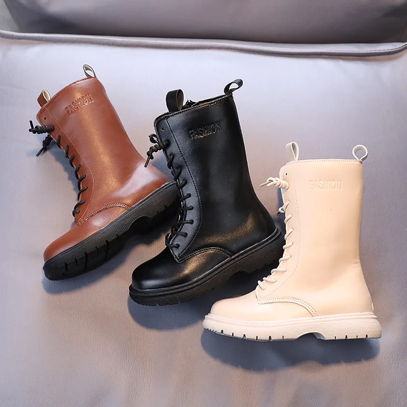 

Children Retro High Leather Boots Autumn and Winter Girls Side Zipper Fashion Mid-Top Boots Comfortable Soft Children Shoes