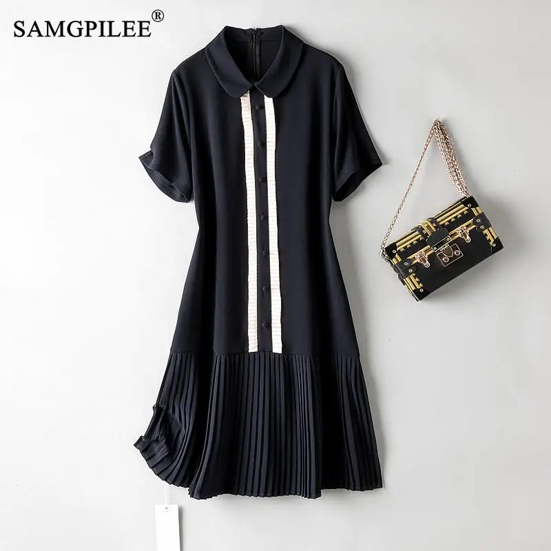 

Summer 2021 New French Hepburn Style Dress Peter Pan Collar Hem Pinched Pleated Ruffled A-line Patchwork Women Dresses 4XL