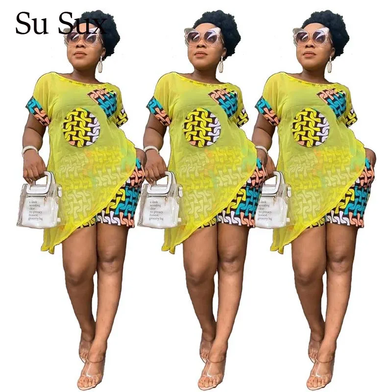 

2020 Summer Casual Two Piece Set Tracksuit Women Chiffon Top&Print Short Pants Suit Outfit Palysuit Vestidos Night Club African