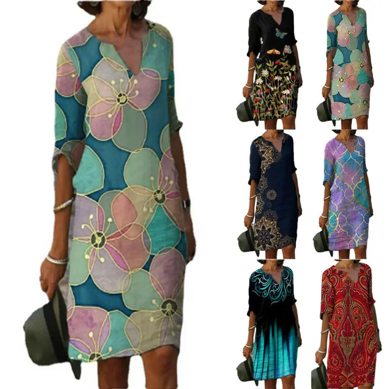 

Summer Dress Women Ladies Half Sleeve Casual Vintage Dress Women Clothes Baggy V Neck Print Shirt Midi Dress Party