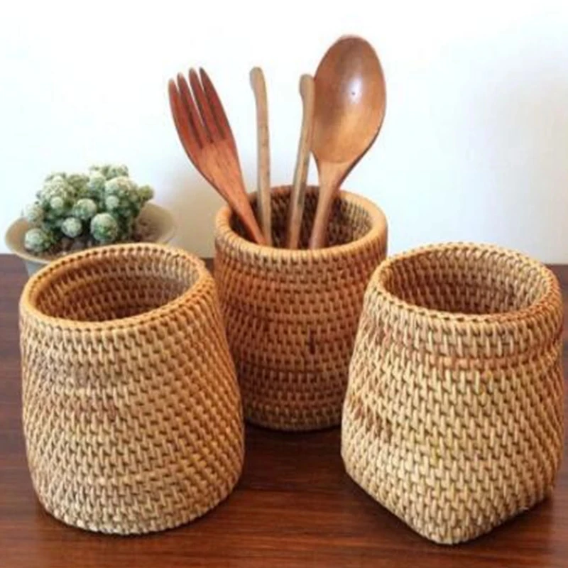 

Manual Rattan Chopsticks Tube Shovel Spoons Bucket Dinner Knives Forks Tableware Storage Box Home Storage Baskets Organizer