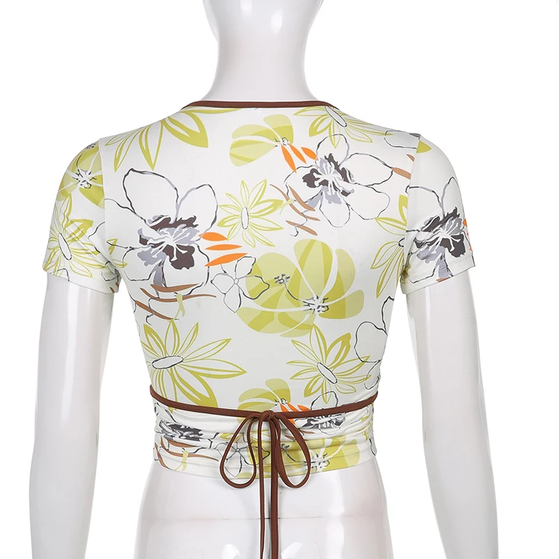 

HEYounGIRL Summer V Neck Floral Print Short Sleeve T Shirt Women Casual Y2K Aesthetic Crop Top Tshirt Ladies Fashion Cute 2021