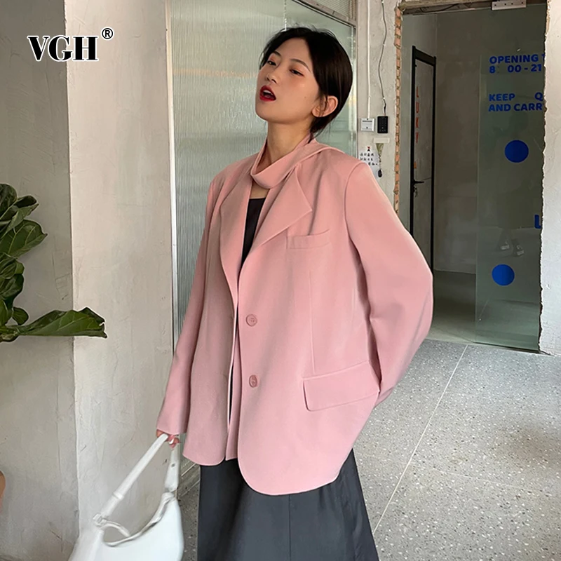 

VGH Vintage Korean Pink Blazer For Women Notched Long Sleeve Lace Up Casual Loose Solid Blazers Female 2021 Spring Fashion Style