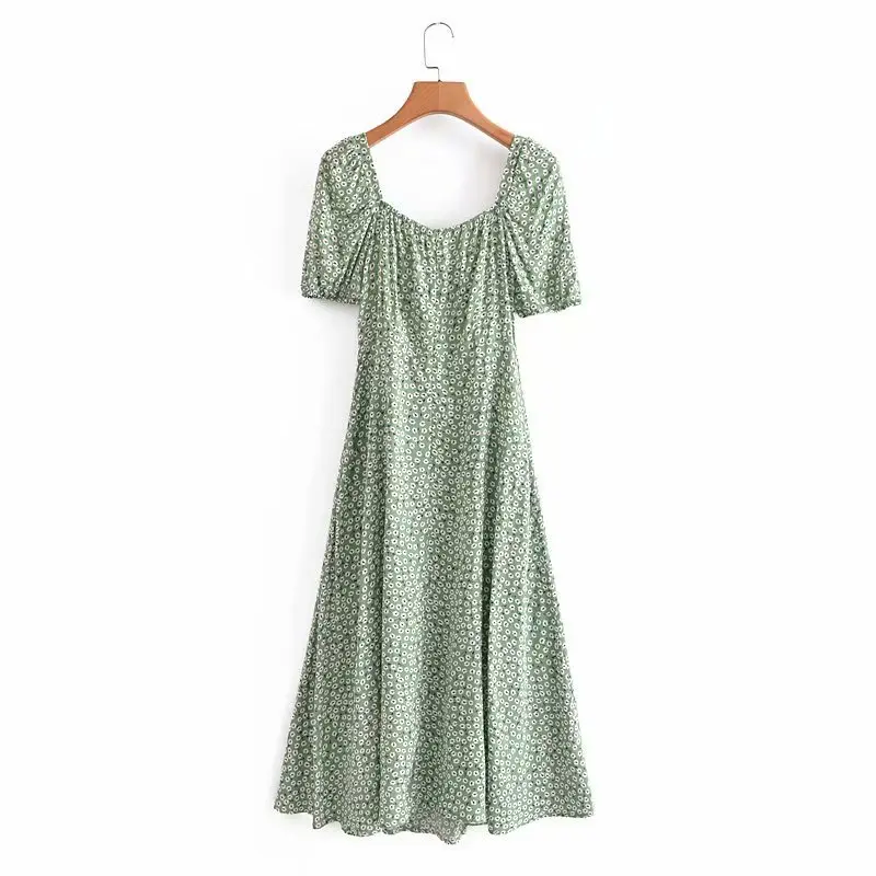 

Europe and the United States 2021 summer model cotton watermarked crushed flower chest strap hem open fork long dress DLQZ914