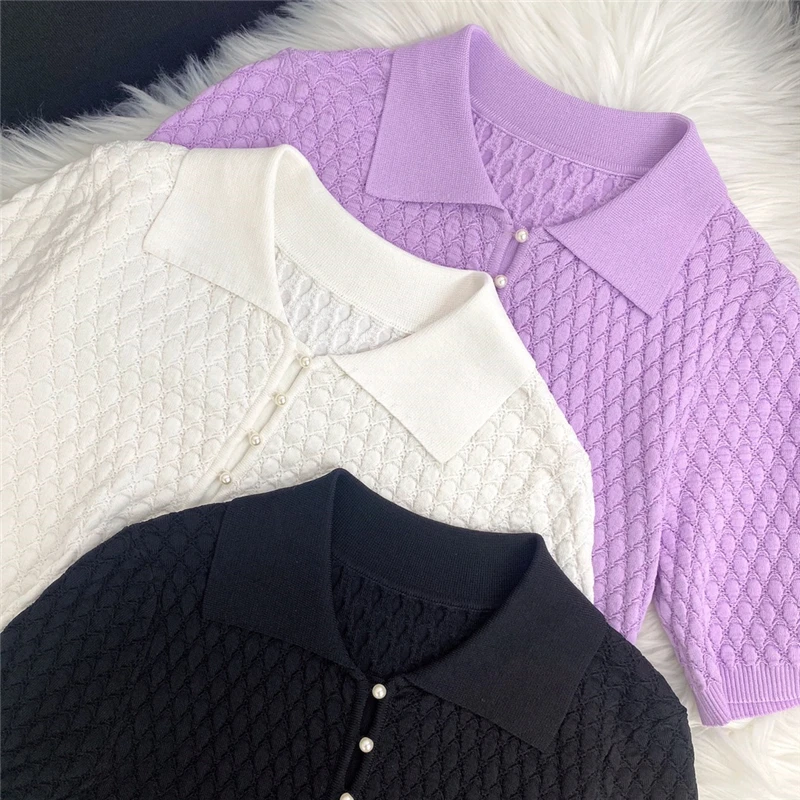 

Summer new women's polo collar short-sleeved knitted T-shirt 2021 lapel pearl buckle three-dimensional wovenfashion all-matchtop
