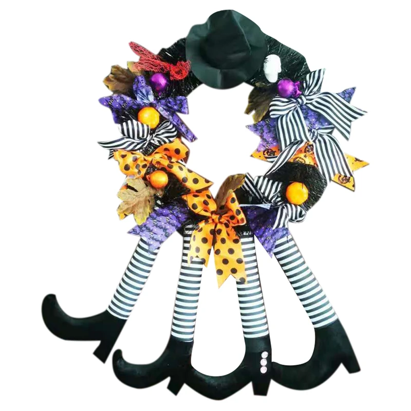 

Halloween Wreath Door Hanging Decoration,Halloween Witch Hat Leg Pumpkin Door Wreath Happy Halloween Party Home Party
